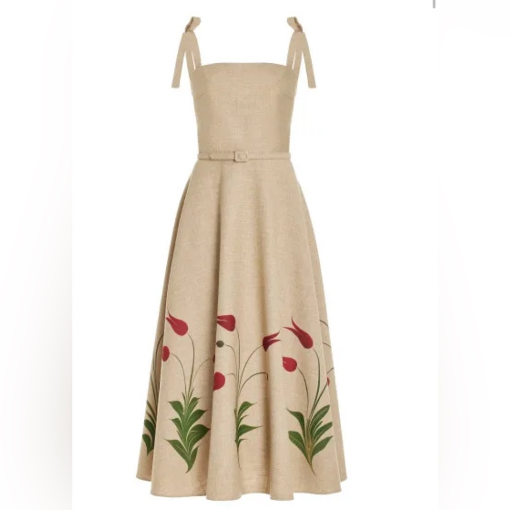 Oscar de la Renta tie strap canvas Dress in beige with Red and Green Accents